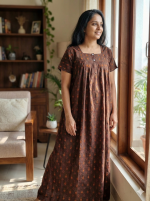 Front Open Cotton Nighty With Buttons, 55 Inches Long - Brown - Image 2