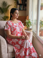 Front Open Cotton Nighty With Buttons, 55 Inches Long - Peach