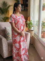 Front Open Cotton Nighty With Buttons, 55 Inches Long - Peach - Image 2