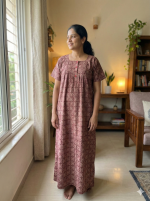 Comfortable Front Open Cotton Nighty With Buttons- 57 inches long - Maroon - Image 2