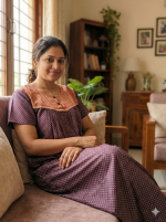 Front Open Cotton Nighty With Buttons, 55 Inches Long - Violet