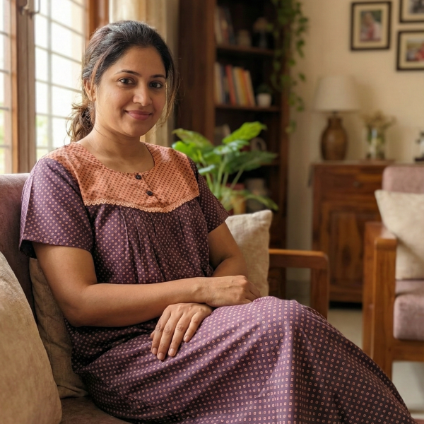 Front Open Cotton Nighty With Buttons, 55 Inches Long - Violet