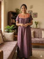 Front Open Cotton Nighty With Buttons, 55 Inches Long - Violet - Image 2