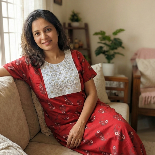 Comfortable Churidar Model Cotton Nighty - 55 Inches Long - Red