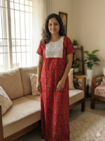 Comfortable Churidar Model Cotton Nighty - 55 Inches Long - Red - Image 2