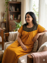 Front Open Cotton Nighty With Buttons, 55 Inches Long - Yellow