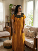 Front Open Cotton Nighty With Buttons, 55 Inches Long - Yellow - Image 2