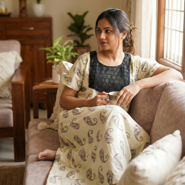 Comfortable Churidar Model Cotton Nighty - 55 Inches Long - Cream