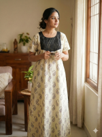 Comfortable Churidar Model Cotton Nighty - 55 Inches Long - Cream - Image 2