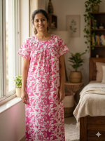 Traditional cotton nighty, 55 Inches Long - Rose - Image 2