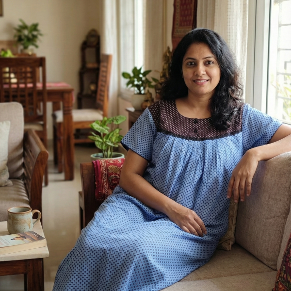 Front Open Cotton Nighty With Buttons, 55 Inches Long - Light Blue