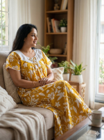 Comfortable cotton nighty with round neck -55 inches long - Yellow