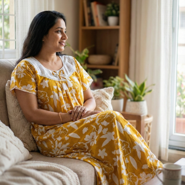 Comfortable cotton nighty with round neck -55 inches long - Yellow