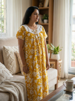 Comfortable cotton nighty with round neck -55 inches long - Yellow - Image 2