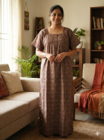 Comfortable Front Open Cotton Nighty With Buttons- 57 inches long - Maroon - Image 2