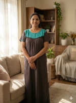 Front Open Cotton Nighty With Buttons, 55 Inches Long - Maroon - Image 2