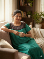 Front Open Cotton Nighty With Buttons, 55 Inches Long - Green