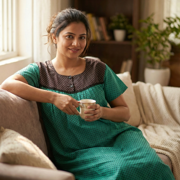 Front Open Cotton Nighty With Buttons, 55 Inches Long - Green