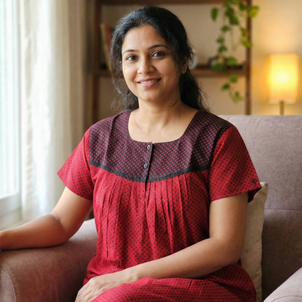 Front Open Cotton Nighty With Buttons, 55 Inches Long - Magenta