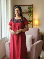 Front Open Cotton Nighty With Buttons, 55 Inches Long - Magenta - Image 2