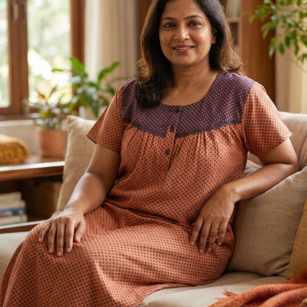 Front Open Cotton Nighty With Buttons, 55 Inches Long - Brown