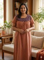 Front Open Cotton Nighty With Buttons, 55 Inches Long - Brown - Image 2