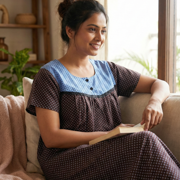 Front Open Cotton Nighty With Buttons, 55 Inches Long - Maroon
