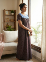 Front Open Cotton Nighty With Buttons, 55 Inches Long - Maroon - Image 2