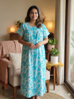Traditional cotton nighty, 55 Inches Long - Blue - Image 2
