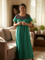 Front Open Cotton Nighty With Buttons, 55 Inches Long - Green - Image 2