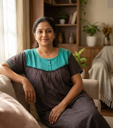 Front Open Cotton Nighty With Buttons, 55 Inches Long - Maroon