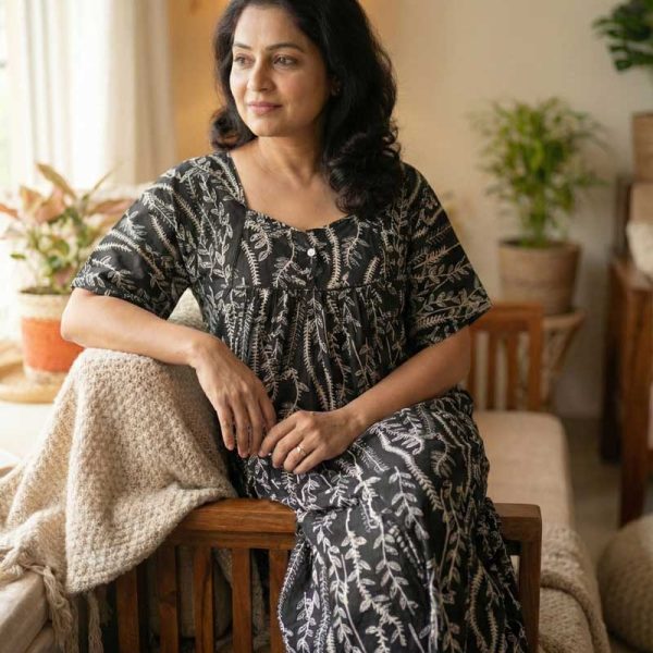 Traditional cotton nighty, 57 Inches Long - Black