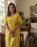 Traditional cotton nighty, 57 Inches Long - Yellow - Image 2