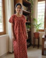 Traditional cotton nighty, 57 Inches Long - Brown - Image 2