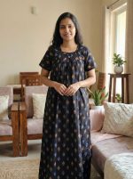 Traditional cotton nighty, 55 Inches Long - Black - Image 2