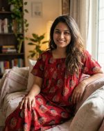 Front open Ajrak cotton nighty, 55 Inches Long - Red