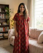 Front open Ajrak cotton nighty, 55 Inches Long - Red - Image 2