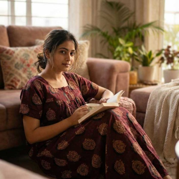 Front open Ajrak cotton nighty, 55 Inches Long - Maroon