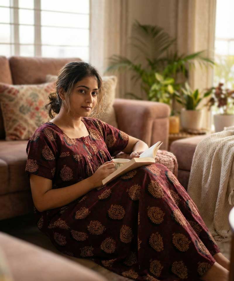 IMG_7277 Front open Ajrak cotton nighty, 55 Inches Long - Maroon - Image 1