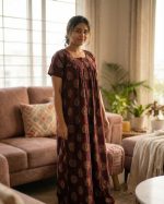 Front open Ajrak cotton nighty, 55 Inches Long - Maroon - Image 2