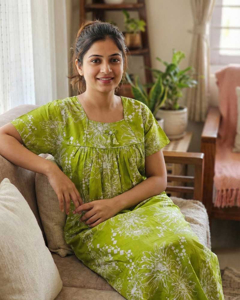 IMG_7293 Traditional cotton nighty, 55 Inches Long - Green - Image 1