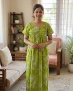 Traditional cotton nighty, 55 Inches Long - Green - Image 2