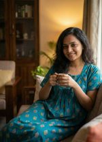 Traditional cotton nighty, 55 Inches Long  - Blue