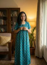 Traditional cotton nighty, 55 Inches Long  - Blue - Image 2