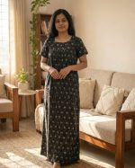 Traditional cotton nighty, 55 Inches Long  - Black - Image 2