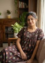 Traditional cotton nighty, 55 Inches Long - Brown