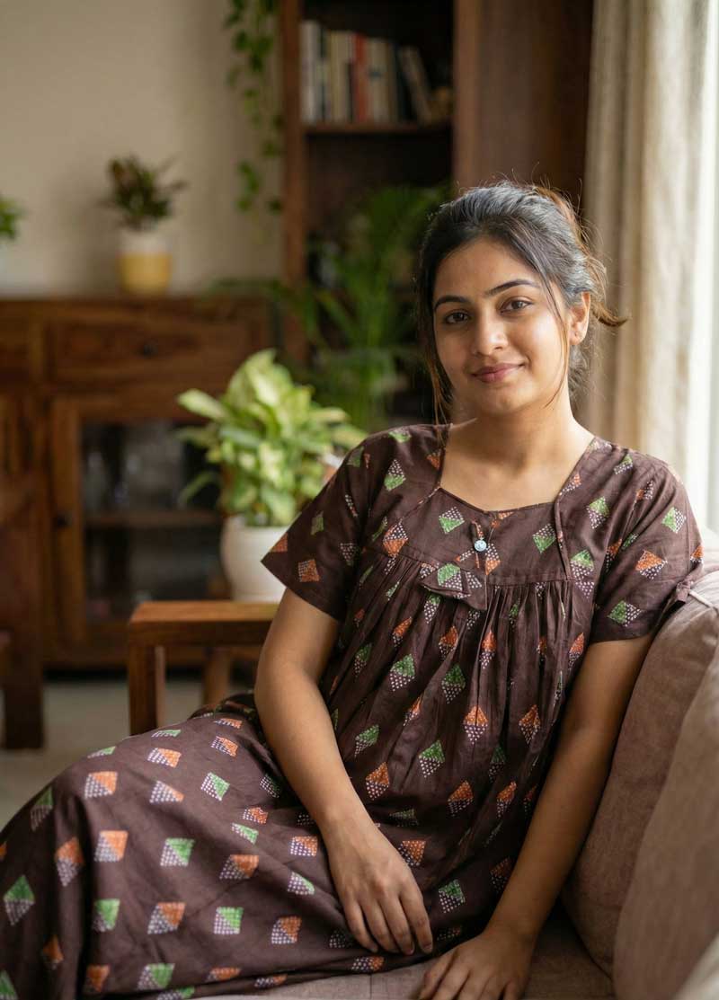 IMG_7303 Traditional cotton nighty, 55 Inches Long - Brown - Image 1