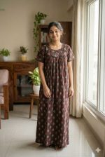 Traditional cotton nighty, 55 Inches Long - Brown - Image 2