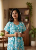 Traditional cotton nighty, 55 Inches Long - Blue