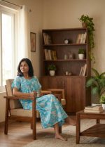 Traditional cotton nighty, 55 Inches Long - Blue - Image 2